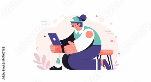 Person with glasses, wearing a cap and casual clothes, uses a laptop