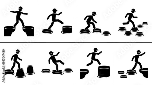 Piktogramme eines Mannes, der über Trittsteine oder Fässer springt und balanciert, verschiedene Phasen von Fortschritt und Sturz.