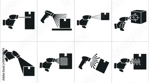 Verschiedene Methoden und Techniken des Barcode-Scannens an Paketen und Produkten.