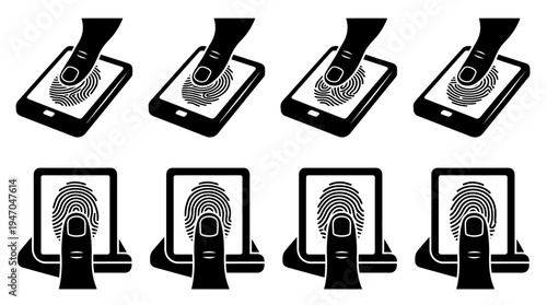 Illustrationen von Fingern, die auf Smartphone-Bildschirme drücken, um Fingerabdrücke zu scannen und biometrische Authentifizierung zu demonstrieren.