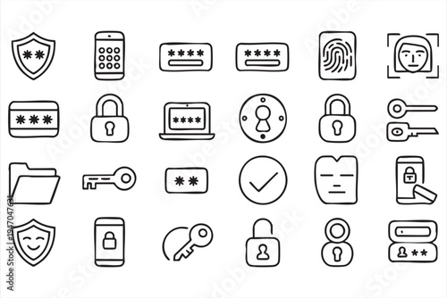 Cybersecurity login and password protection icons, fingerprint biometrics face recognition lock key encryption privacy and authentication symbols for security dashboards apps and digital platforms