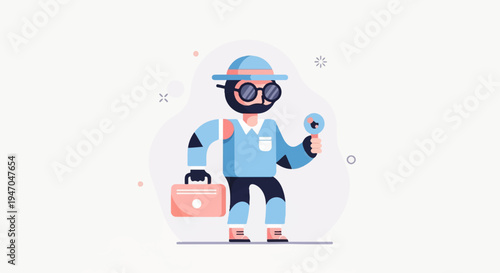 Cartoon character holding a magnifying glass and briefcase