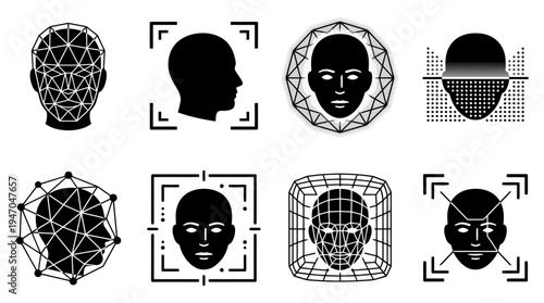 Acht Schwarz-Weiß-Icons, die verschiedene Aspekte der Gesichtserkennungstechnologie, biometrische Scans und digitale Identifikation darstellen.