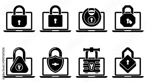 Eine Reihe von acht Laptop-Symbolen, die jeweils ein Vorhängeschloss für Cybersicherheit und Datenschutz darstellen.
