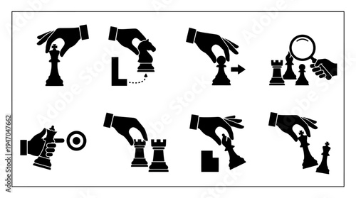 Piktogramme für Schachzüge: Eine Hand demonstriert verschiedene Bewegungen und Aktionen mit Schachfiguren wie König, Springer, Bauer, Turm, Läufer und Dame, einschließlich Schlagen und Untersuchen.