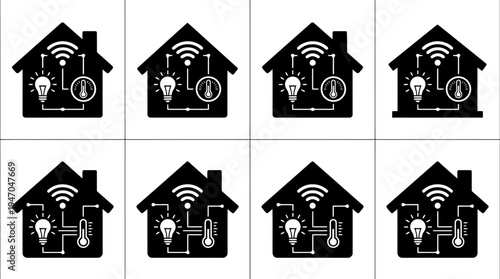 Smart Home Technologie Icons: Eine Reihe von Häusern mit WLAN, Glühbirnen und Thermometern, die intelligente Steuerung darstellen.