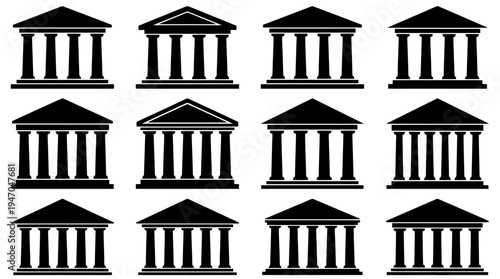 Sammlung von zwölf schwarzen Silhouetten klassischer Gebäude mit Säulen und Giebeln, die Tempel oder öffentliche Bauten darstellen.