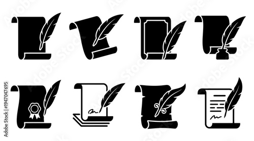 Sammlung von schwarzen Silhouetten alter Schriftrollen und Federkiele, die historische Dokumente und Schreiben darstellen.