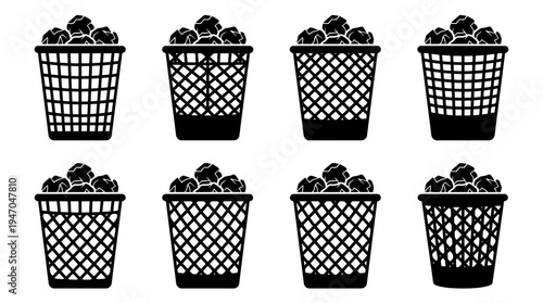 Acht schwarze Silhouetten von Mülleimern oder Papierkörben, gefüllt mit zerknülltem Papier, auf weißem Hintergrund.