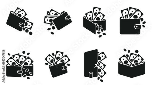 Schwarz-weiße Silhouetten von Geldbörsen, die mit Banknoten und Münzen überquellen, in verschiedenen Anordnungen.