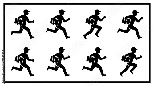 Set of 8 running delivery man silhouettes vector icons for express shipping and courier services