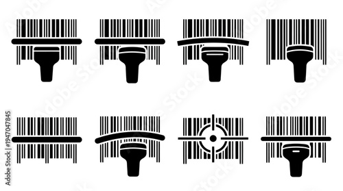 Verschiedene Barcode-Scanner-Icons zeigen den Scanvorgang und die Erkennung von Produktcodes.