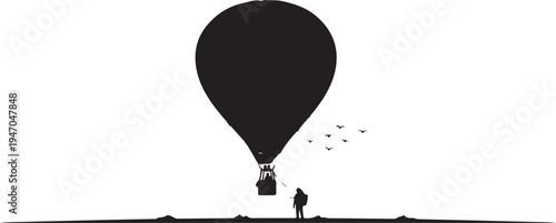 Black hot air balloon vector silhouette with person