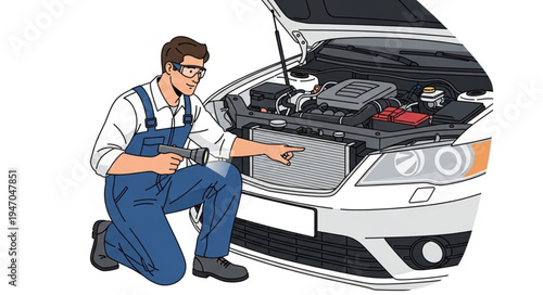 Mechanic fixing car engine problem.
