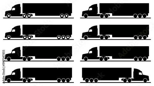 Eight black silhouettes of semi-trailer trucks with various axle configurations, depicted in profile view.