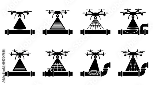 Drohneninspektion von Rohrleitungen und Infrastruktur: Eine Reihe von Symbolen, die verschiedene Überwachungs- und Wartungsszenarien darstellen.