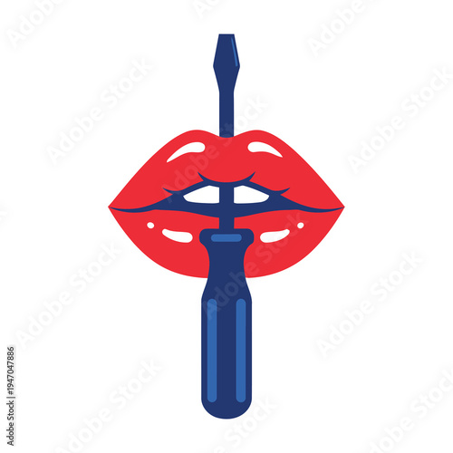 Photos Red Lips with Screwdriver Icon, Bold Flat Design Vector Illustration for Repair,