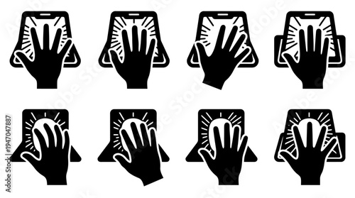 A collection of eight black and white icons illustrating various hand gestures and interactions with digital tablets or touchscreens.