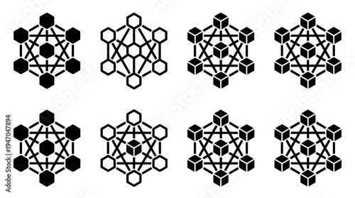 Verschiedene geometrische Muster und abstrakte Symbole mit Sechsecken und Würfeln in Schwarz-Weiß-Darstellung.