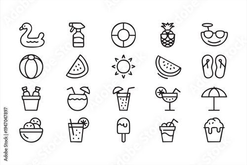 Summer holiday outline icon pack, sun sunglasses flip flops beach ball cocktail ice cream watermelon coconut float and seaside leisure symbols for travel and tourism graphics