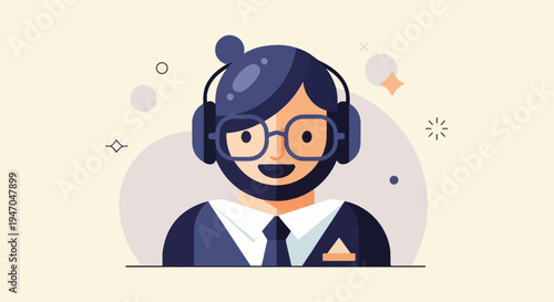 Smiling person with headphones and glasses, stylized illustration