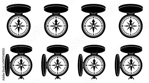 Acht identische schwarz-weiße Kompasse mit offener Kompassrose, in zwei Reihen angeordnet.