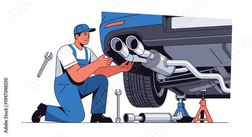 Mechanic fixing car exhaust pipe.