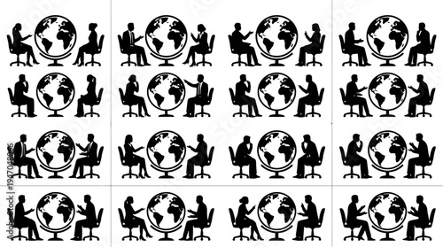 Repeated graphic of silhouetted people discussing global issues around a globe, symbolizing international communication and business meetings.