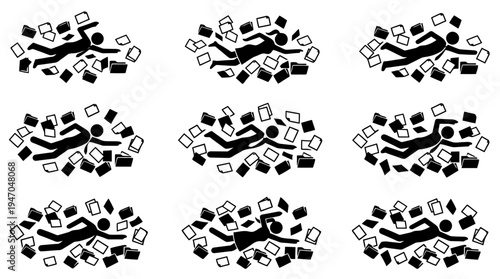 A series of nine black and white illustrations depicting people swimming through a sea of scattered documents or data, symbolizing information overload.