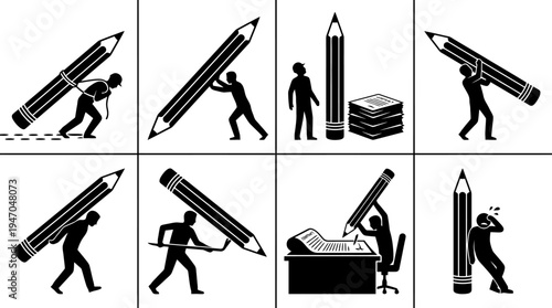 Eine Reihe von Illustrationen, die Menschen zeigen, die mit übergroßen Bleistiften ringen, was die Anstrengung und Herausforderung des Schreibens und der kreativen Arbeit symbolisiert.