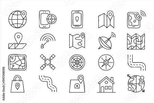 Navigation route planning icons collection, compass map pin satellite signal GPS radar target smartphone and location direction symbols for mapping apps travel navigation systems
