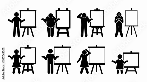 Set of 8 stick figure people presenting on white easels vector illustration collection