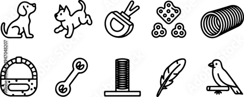 Pet supply collection with line icons of playful dog cat bird and various animal training toys and products