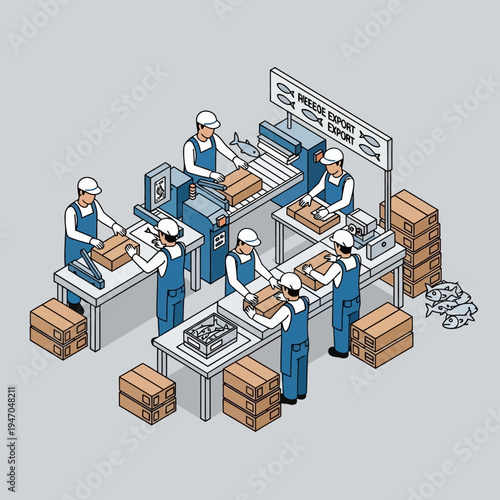 Illustration depicting a fish processing plant with workers packaging products for export.