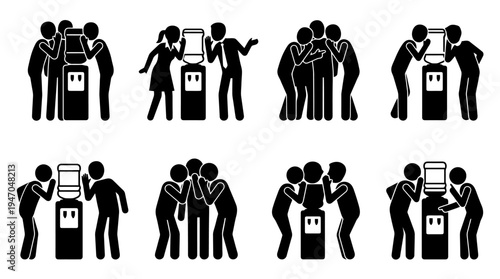 Stick figures illustrating various social interactions and conversations around a water cooler in an office setting.