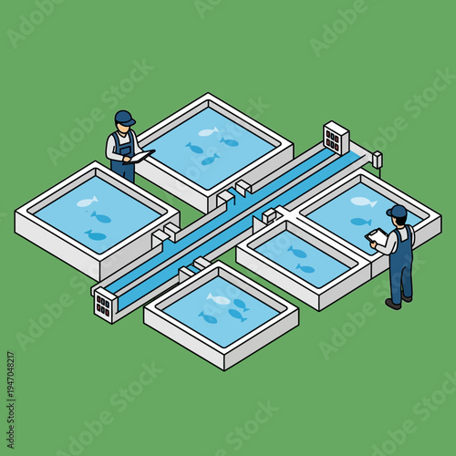 Isometric illustration of a fish farm with workers inspecting the process.
