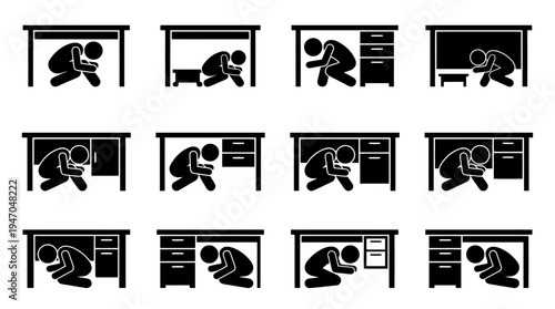 Set of 12 earthquake safety icons vector showing people taking cover under desks and tables