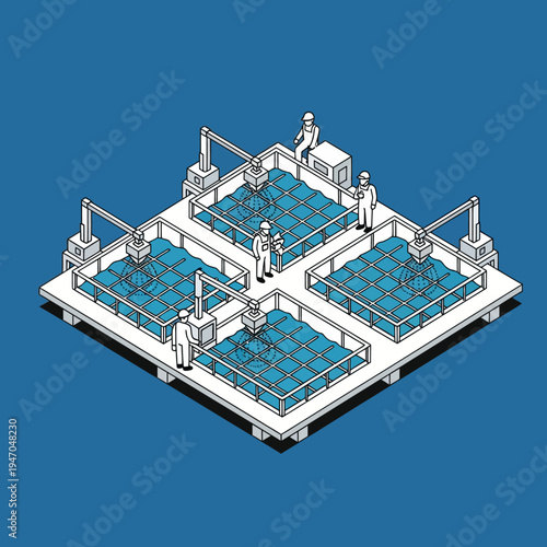 Isometric illustration of a factory setup with multiple tanks and workers overseeing the process.
