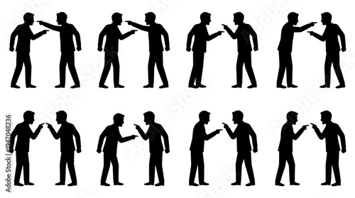 Set of 12 black vector silhouettes depicting two people arguing, discussing, or disagreeing