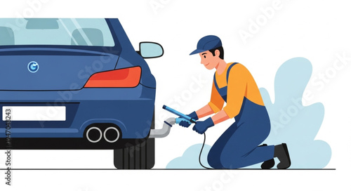 Mechanic fixing car exhaust pipe.