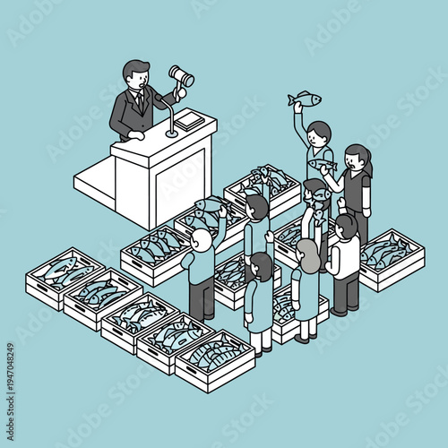 Isometric illustration of a fish auction with people and the auctioneer.