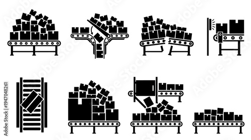 Monochrome vector icons illustrating various industrial conveyor belt systems and package handling processes.