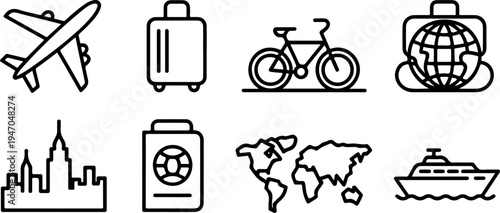 Travel and transportation icons collection airplane suitcase bicycle world map passport city
