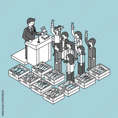 Isometric illustration of a fish auction with a judge, buyers, and boxes of fish.
