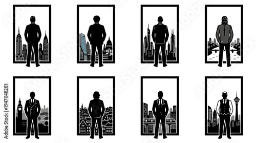 Set of 8 black and white vector illustrations featuring men standing in front of city skylines