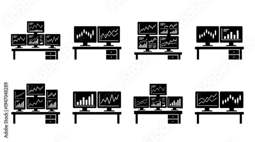 Set of 8 black and white vector icons depicting multi-monitor trading desks with financial charts and graphs