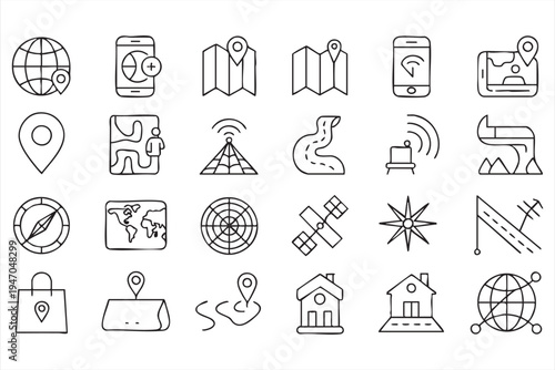GPS mapping outline icon pack, compass route map pin satellite radar signal smartphone navigation direction and travel symbols for mapping platforms navigation apps and location services