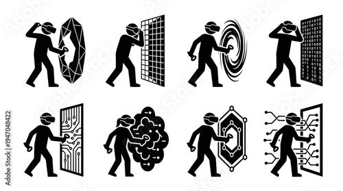 Set of 8 virtual reality and augmented reality portal vector icons for metaverse exploration