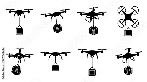 Collection of black and white drone icons carrying packages, illustrating delivery and transport concepts.