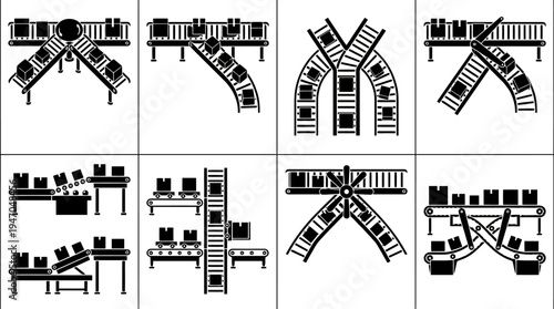 Set of 8 black and white vector icons depicting various industrial conveyor belt systems with boxes